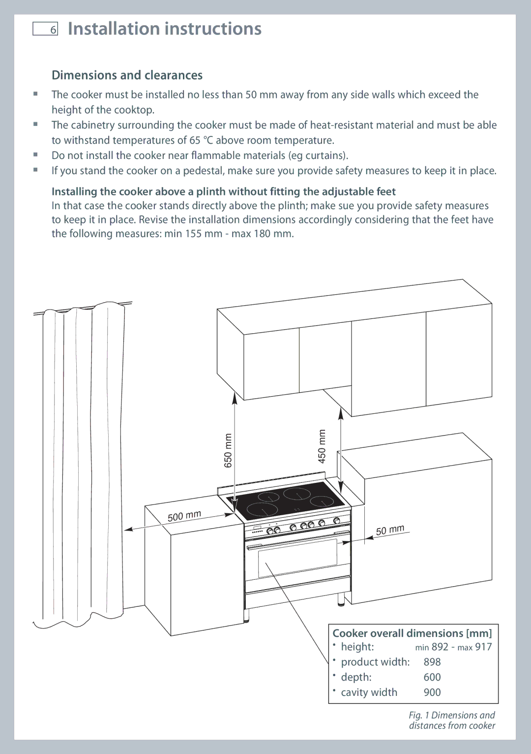 Fisher & Paykel OR90SDBSI Installation instructions, Dimensions and clearances, Cooker overall dimensions mm 