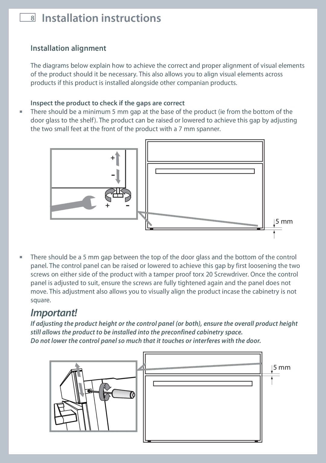 Fisher & Paykel OS60NDTX installation instructions Installation instructions, Installation alignment 