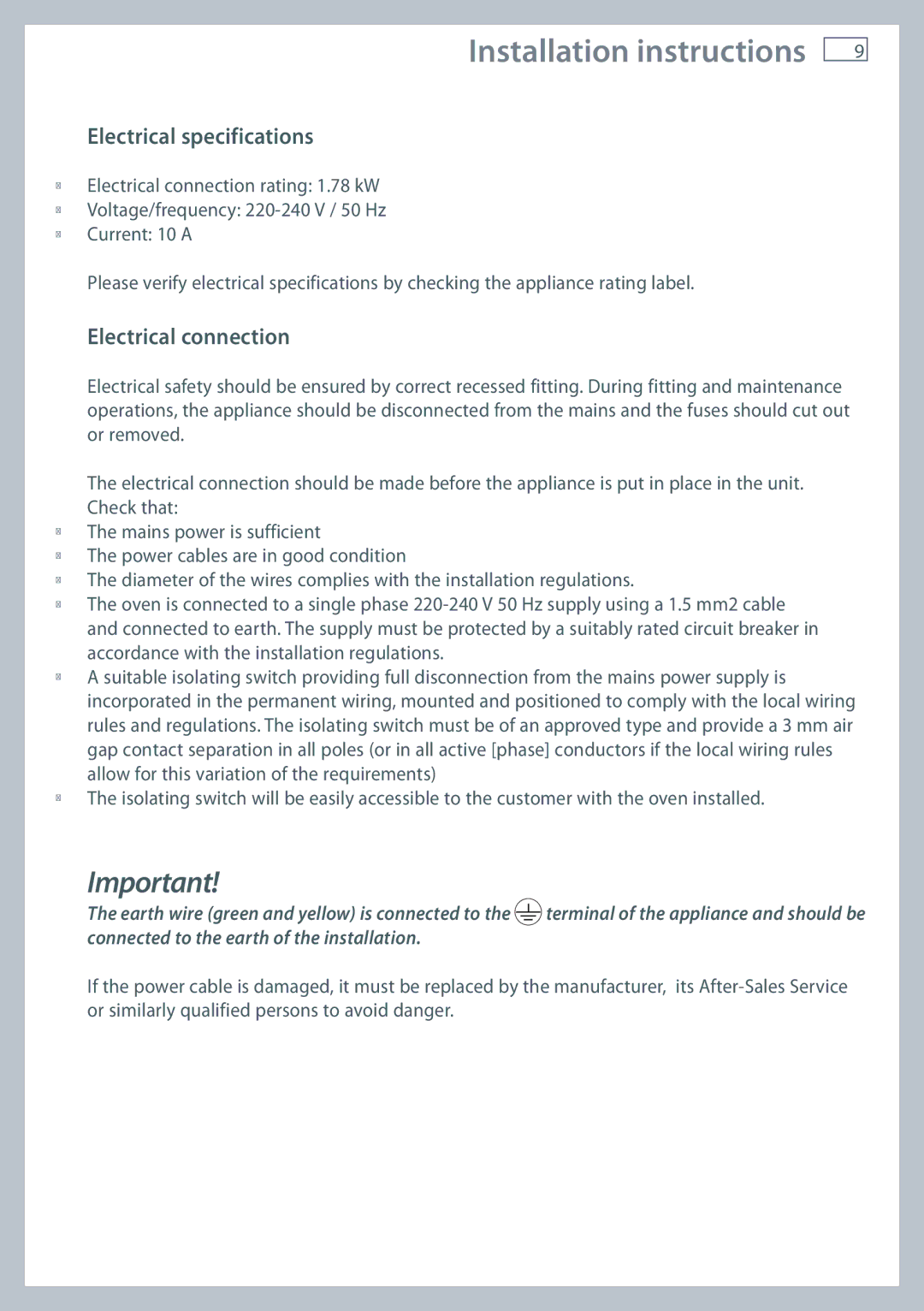 Fisher & Paykel OS60NDTX installation instructions Electrical specifications, Electrical connection 