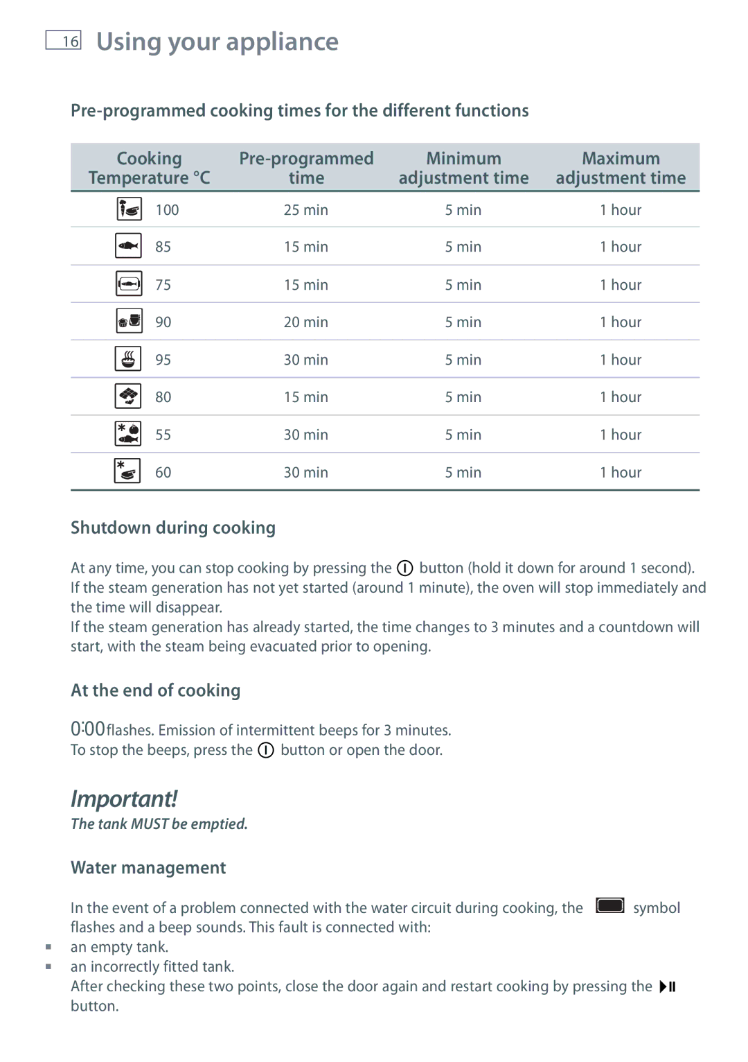 Fisher & Paykel OS60NDTX Temperature C, Shutdown during cooking, At the end of cooking, Water management 