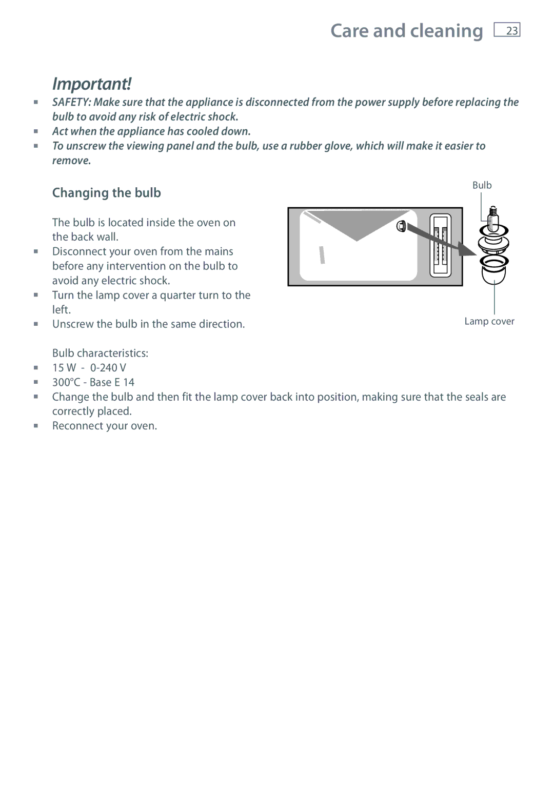 Fisher & Paykel OS60NDTX installation instructions Changing the bulb 