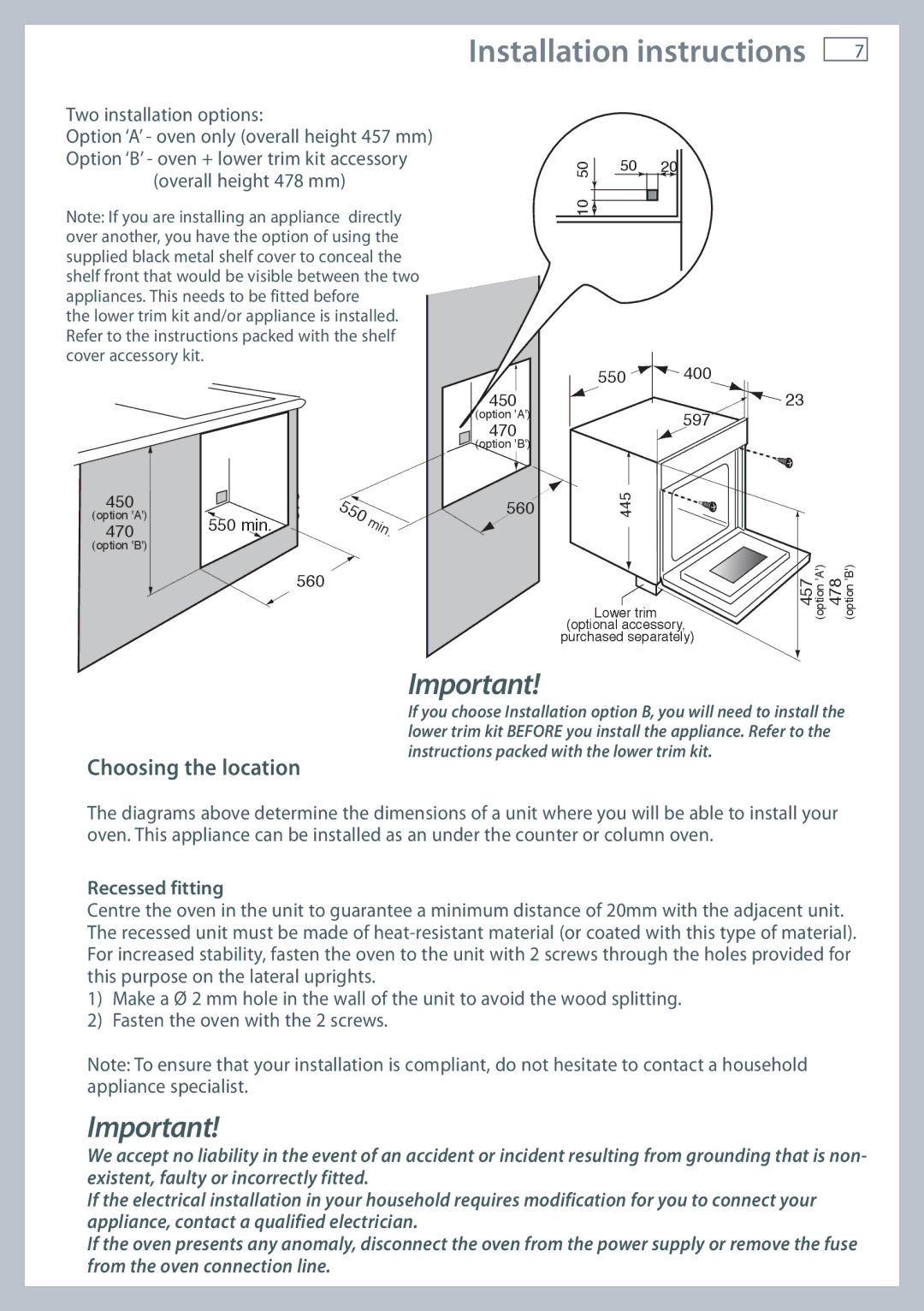 Fisher & Paykel OS60NDTX installation instructions Choosing the location, Recessed fitting 