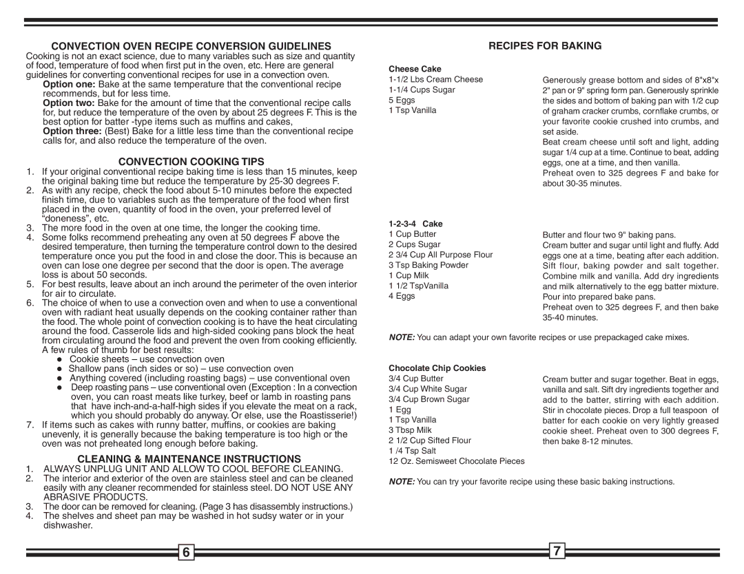 Fisher & Paykel OV-250 Convection Cooking Tips, Cleaning & Maintenance Instructions, Cheese Cake, Chocolate Chip Cookies 