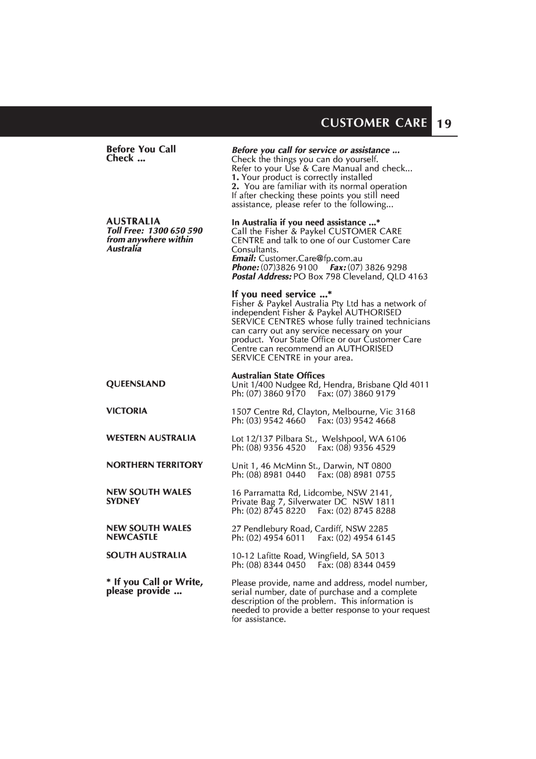 Fisher & Paykel RA535 Series manual Customer Care, Before You Call Check AUSTRALIA, If you Call or Write, please provide 