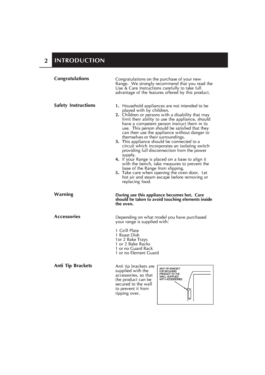 Fisher & Paykel RA535 Series manual Introduction, Congratulations Safety Instructions, Accessories Anti Tip Brackets 