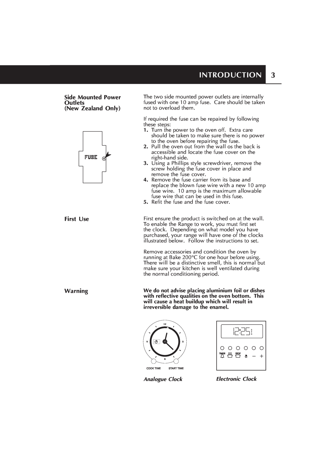 Fisher & Paykel RA535 Series manual Side Mounted Power, Outlets, New Zealand Only, First Use, Introduction, Analogue Clock 