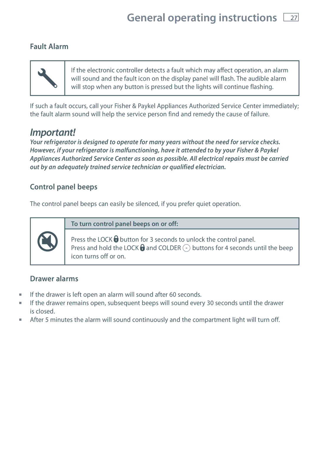 Fisher & Paykel RB90S, RB36S manual Fault Alarm, Control panel beeps, Drawer alarms, To turn control panel beeps on or off 