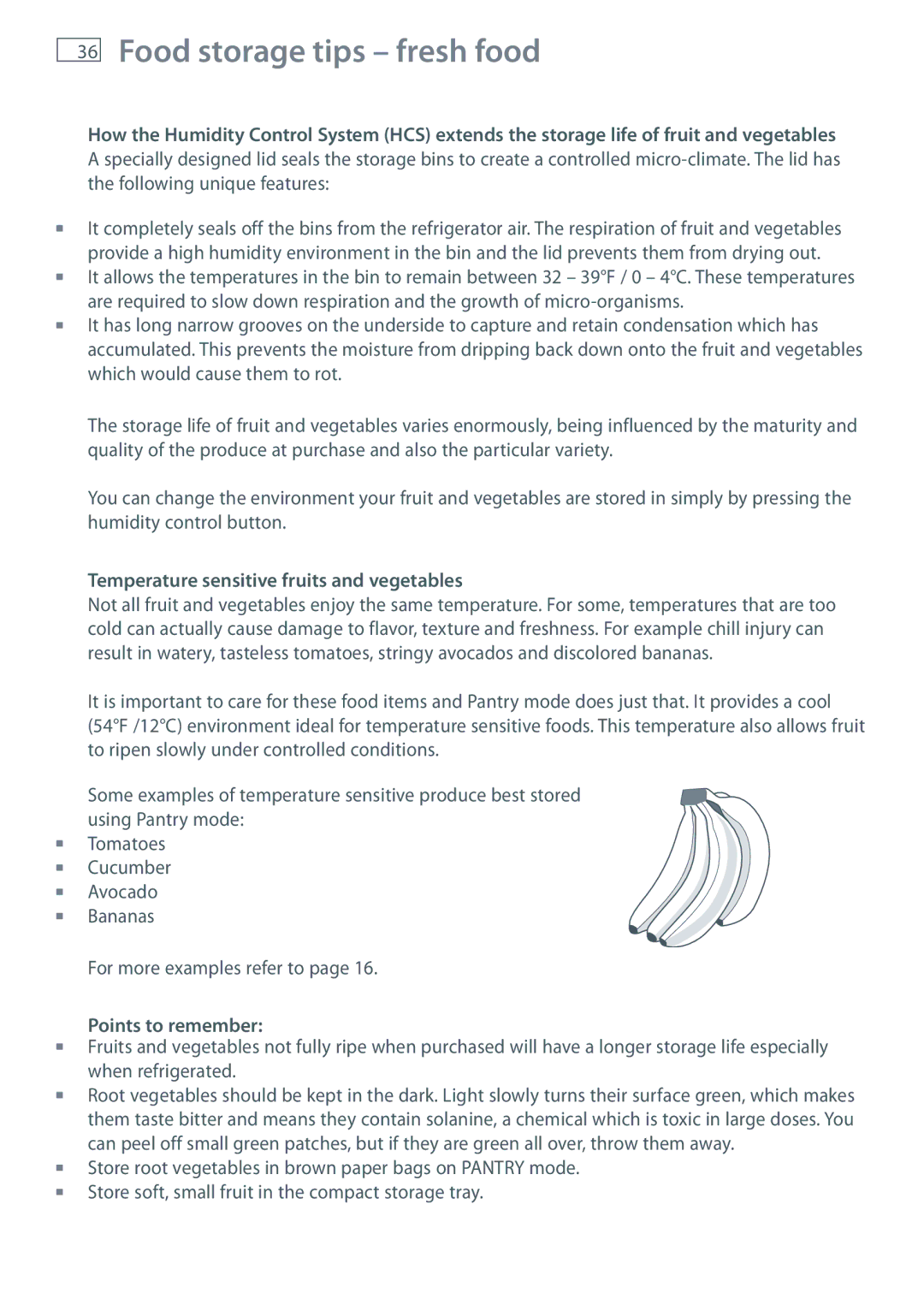 Fisher & Paykel RB36S, RB90S manual Temperature sensitive fruits and vegetables, Points to remember 