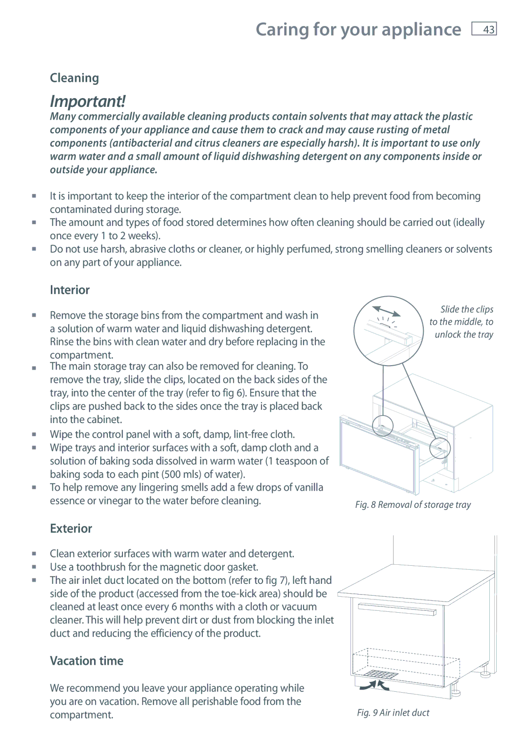 Fisher & Paykel RB90S, RB36S manual Caring for your appliance, Interior, Exterior, Vacation time 