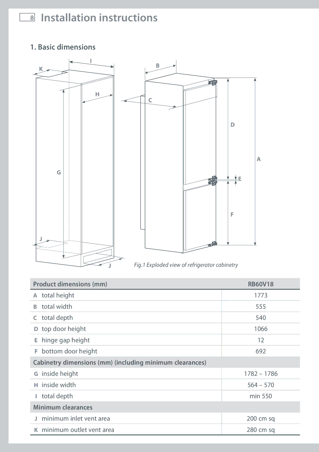 Fisher & Paykel RB60V18 Basic dimensions, Product dimensions mm, Cabinetry dimensions mm including minimum clearances 