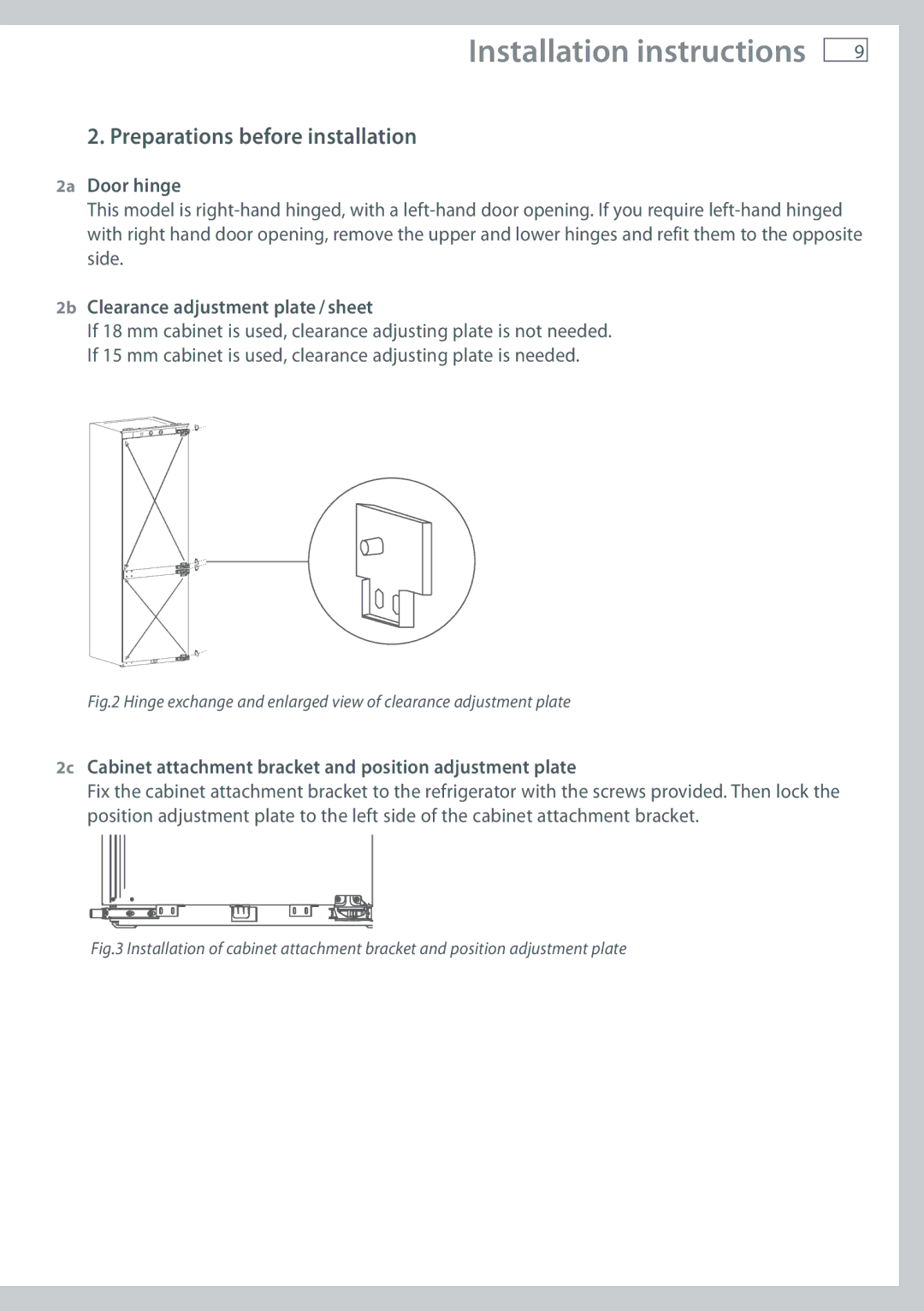 Fisher & Paykel RB60V18 Preparations before installation, 2a Door hinge, 2b Clearance adjustment plate / sheet 