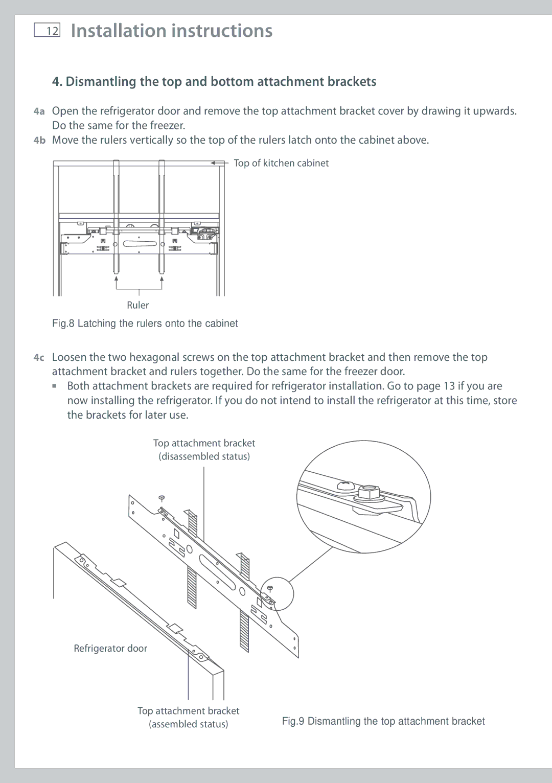 Fisher & Paykel RB60V18 Dismantling the top and bottom attachment brackets, Latching the rulers onto the cabinet 