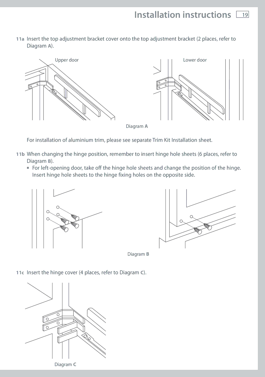 Fisher & Paykel RB60V18 installation instructions 11c Insert the hinge cover 4 places, refer to Diagram C 