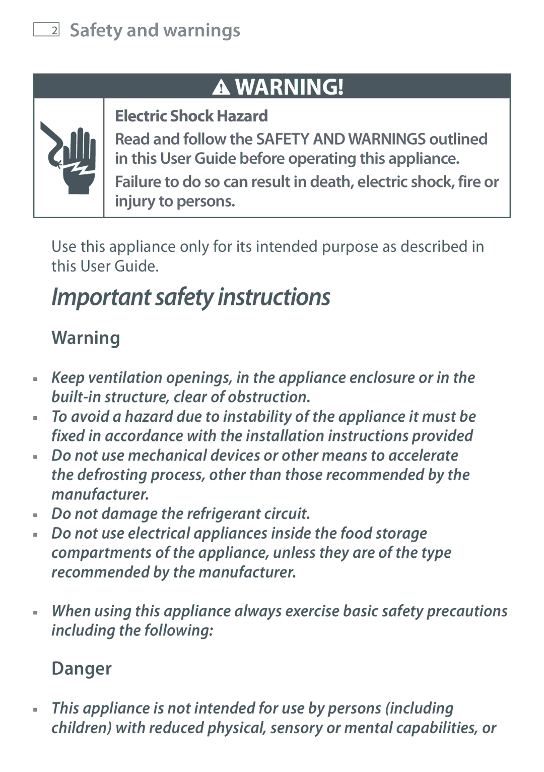 Fisher & Paykel RB60V18 installation instructions Safety and warnings, Electric Shock Hazard 