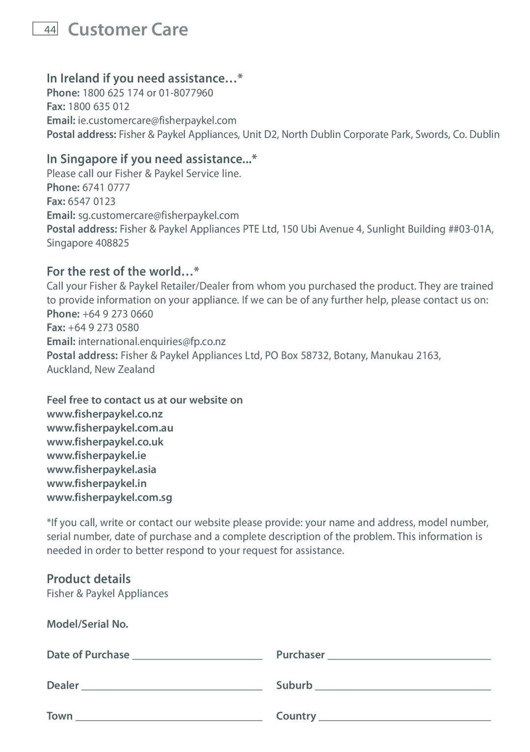 Fisher & Paykel RB60V18 Ireland if you need assistance…, Singapore if you need assistance, For the rest of the world… 