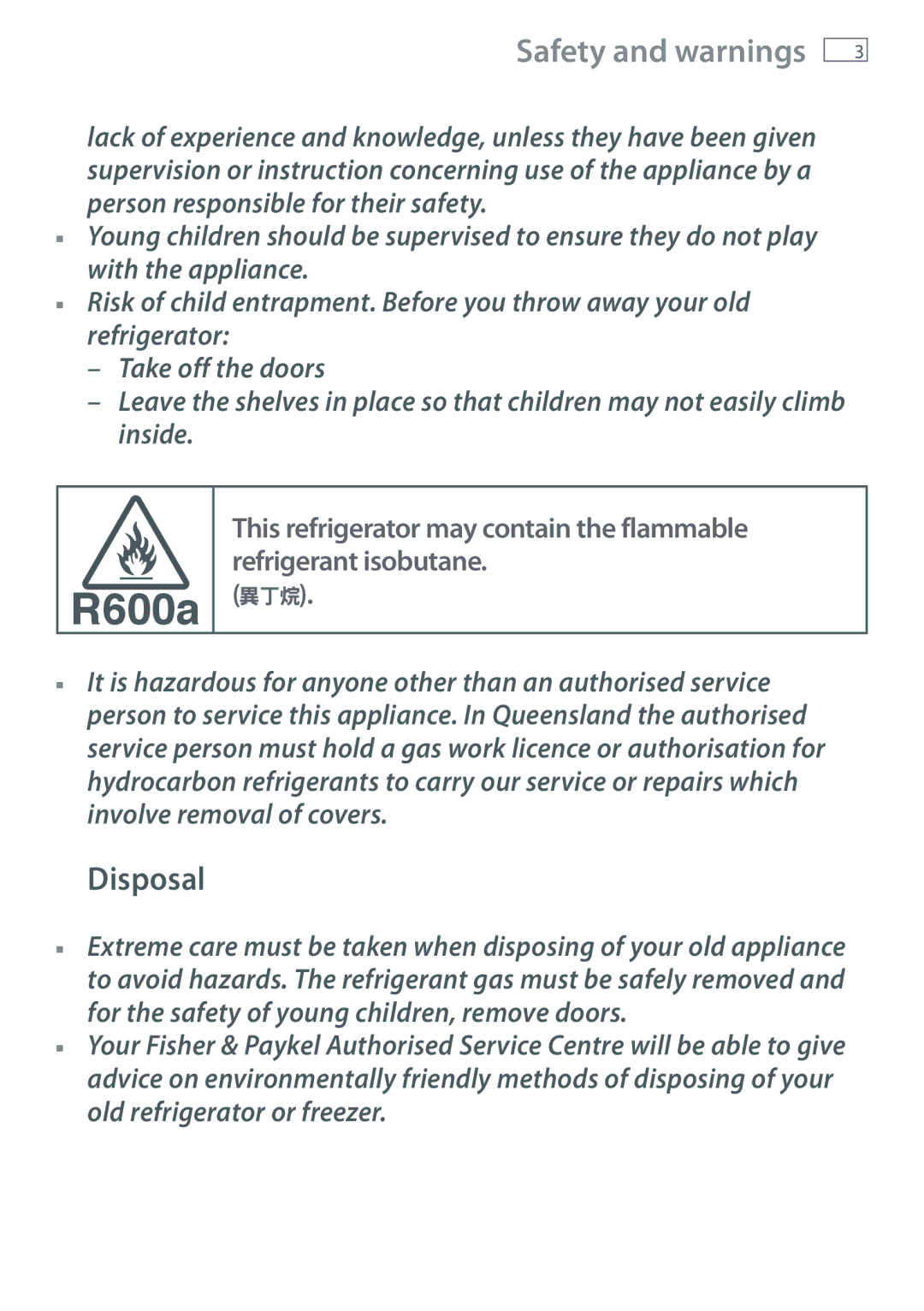 Fisher & Paykel RB60V18 installation instructions R600a 