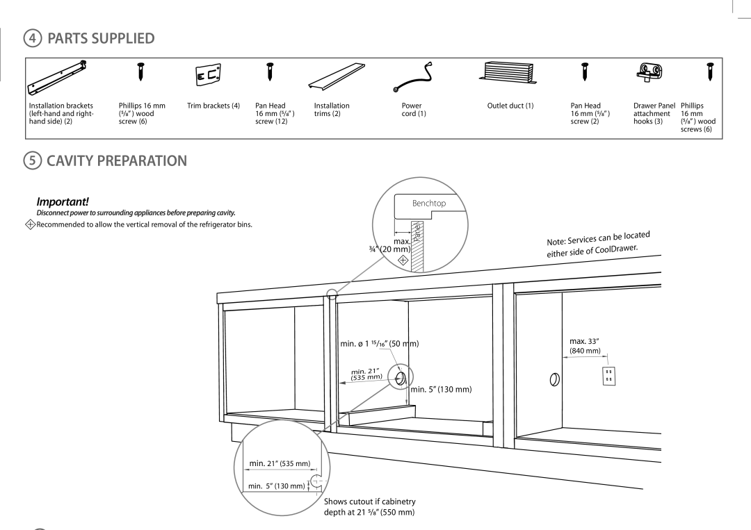 Fisher & Paykel RB365, RB905 dimensions Parts Supplied, Cavity Preparation 