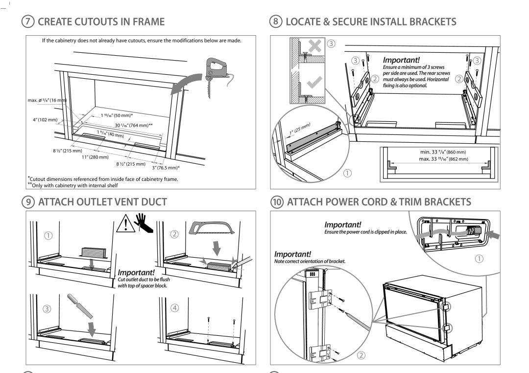 Fisher & Paykel RB365, RB905 dimensions Create Cutouts in Frame, Attach Outlet Vent Duct, Locate & Secure Install Brackets 