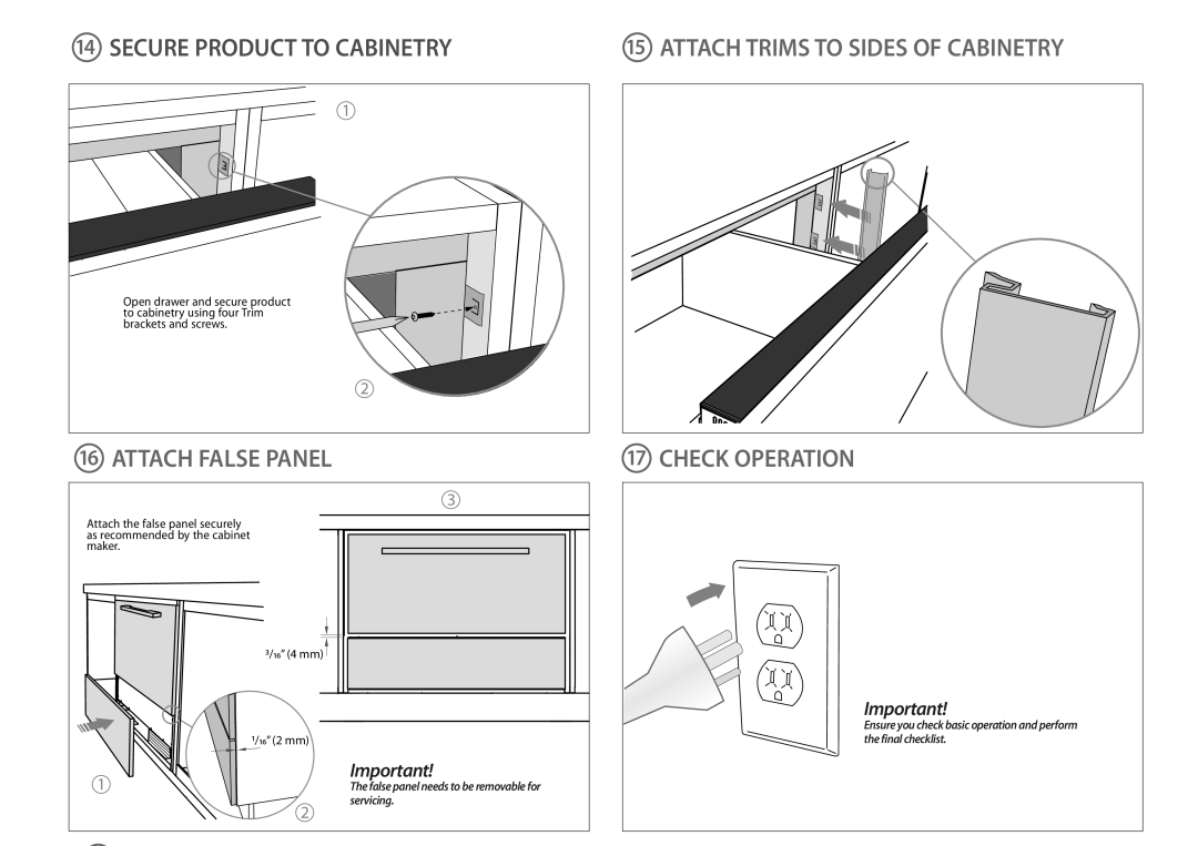 Fisher & Paykel RB365, RB905 dimensions Attach False Panel, Check Operation 