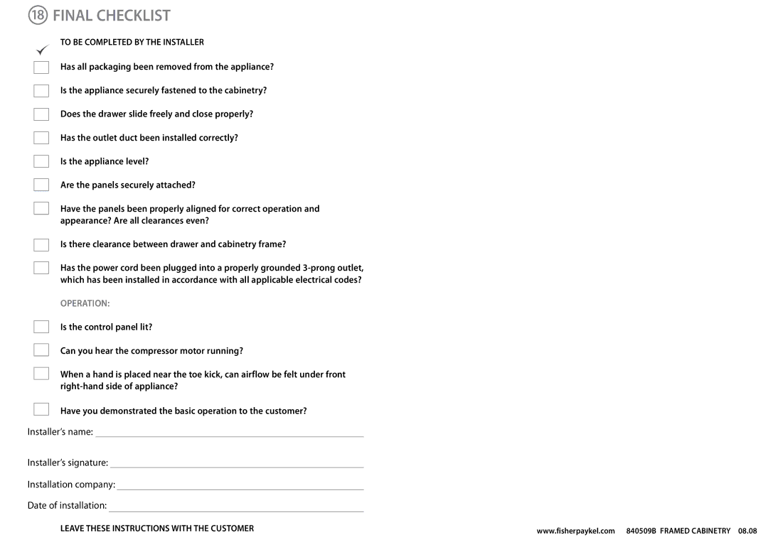 Fisher & Paykel RB905, RB365 dimensions Final Checklist 