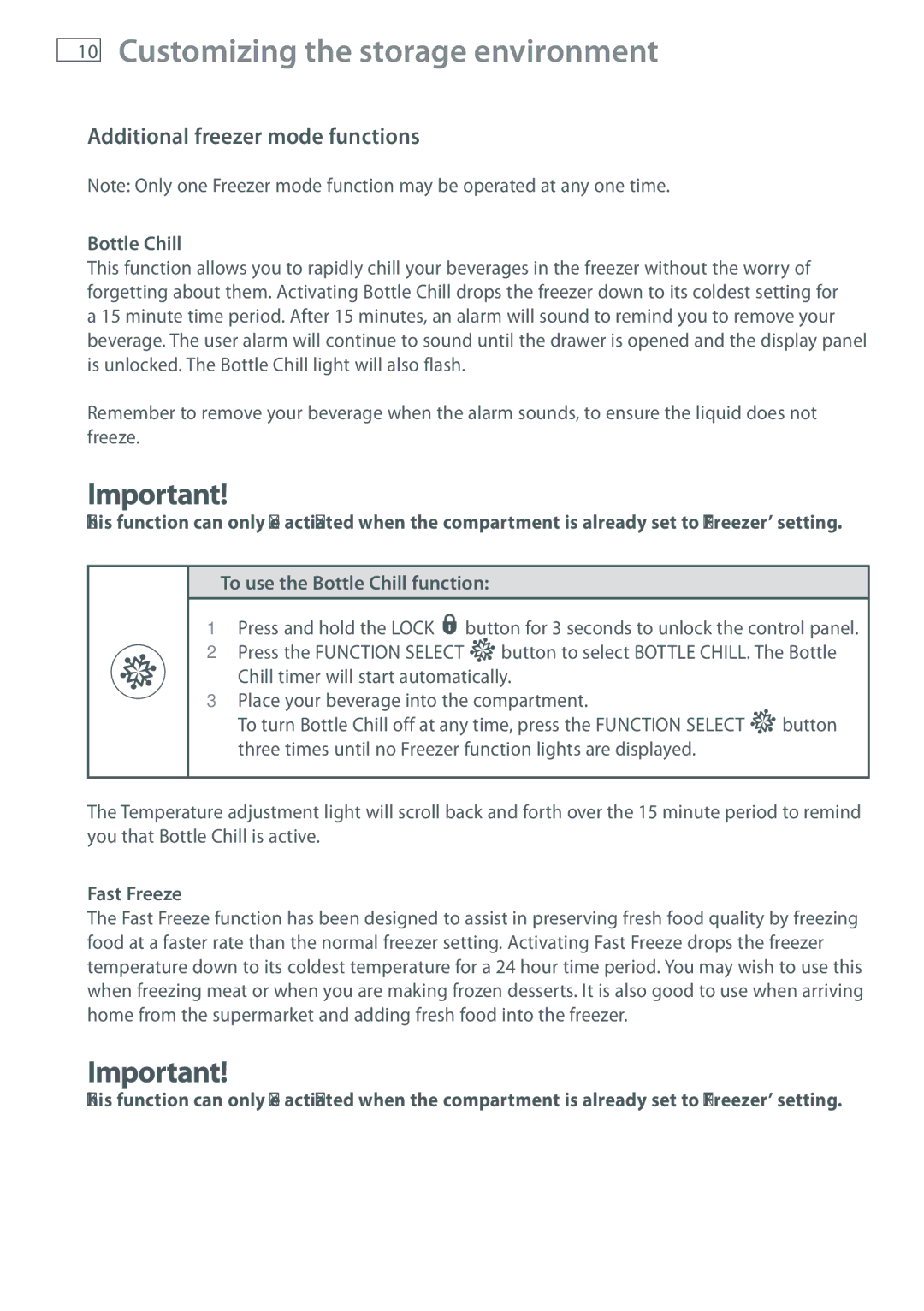 Fisher & Paykel RB905, RB365 manual Additional freezer mode functions, To use the Bottle Chill function, Fast Freeze 