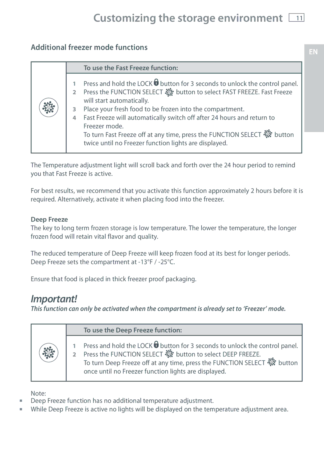 Fisher & Paykel RB365, RB905 manual To use the Fast Freeze function, Press the Function Select, Deep Freeze 