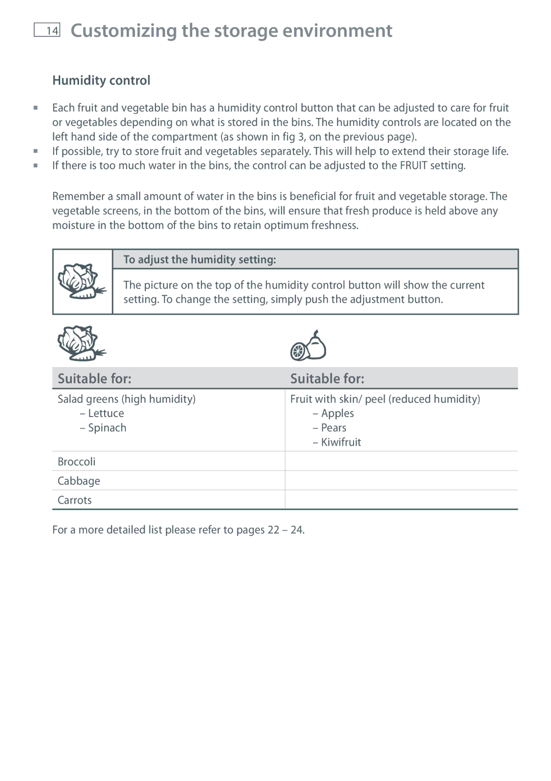 Fisher & Paykel RB905, RB365 manual Humidity control, To adjust the humidity setting 