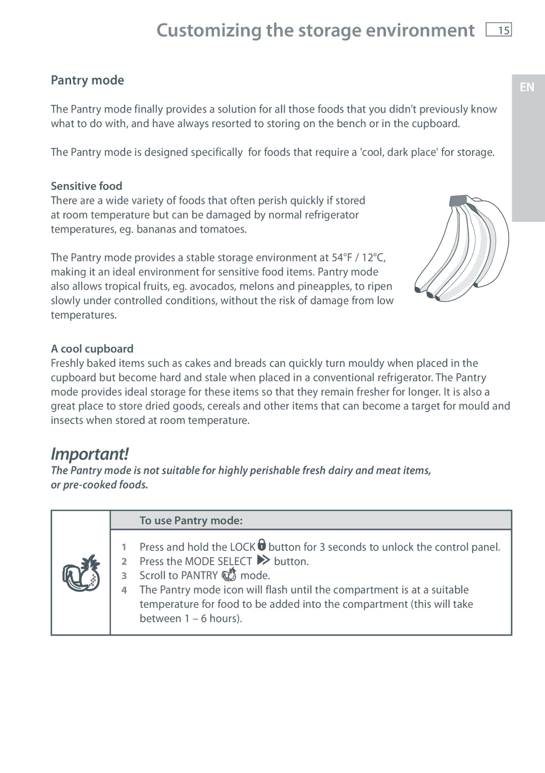 Fisher & Paykel RB365, RB905 manual Sensitive food, Cool cupboard, To use Pantry mode 