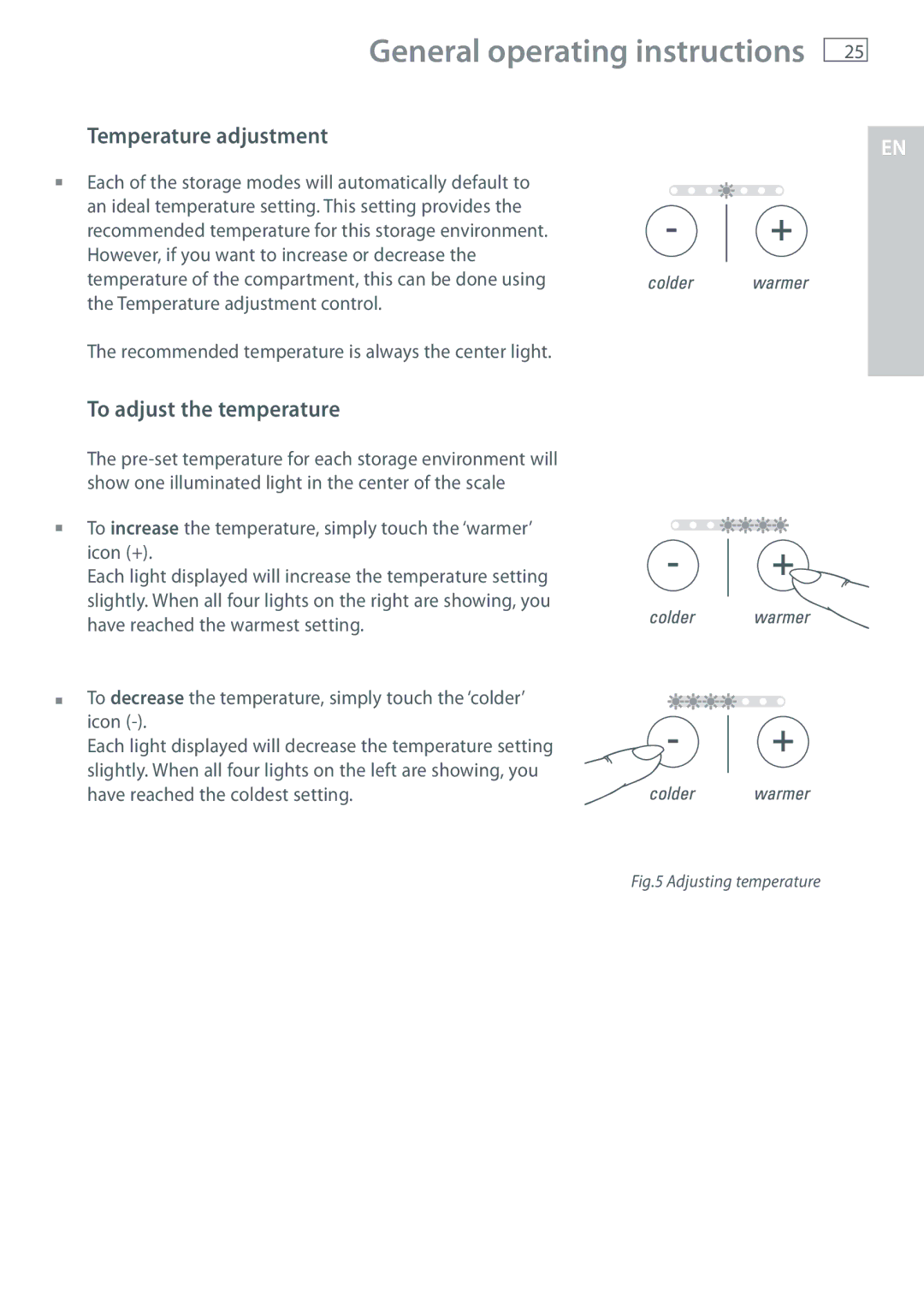 Fisher & Paykel RB365, RB905 manual General operating instructions, Temperature adjustment, To adjust the temperature 