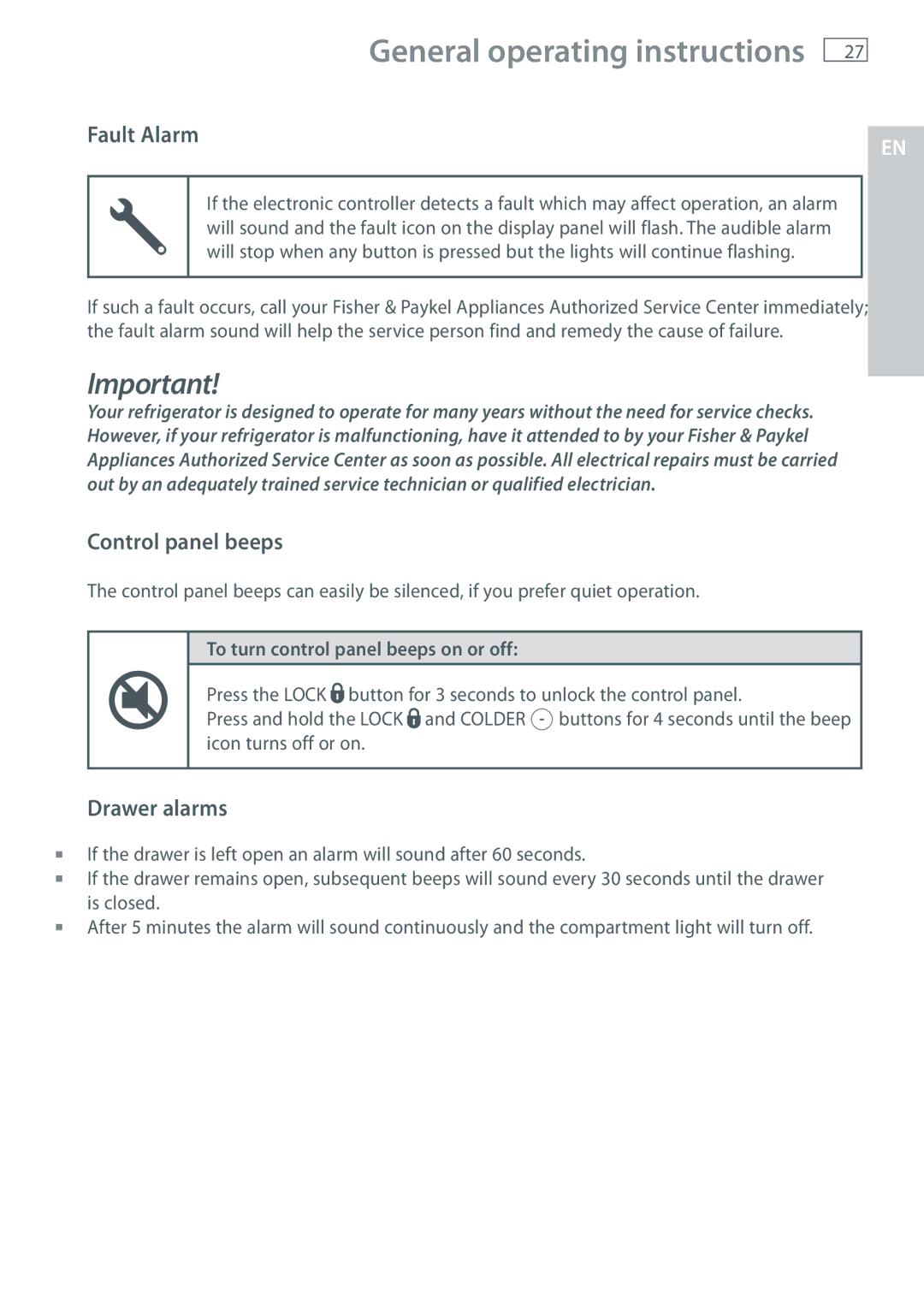 Fisher & Paykel RB365, RB905 manual Fault Alarm, Control panel beeps, Drawer alarms, To turn control panel beeps on or off 