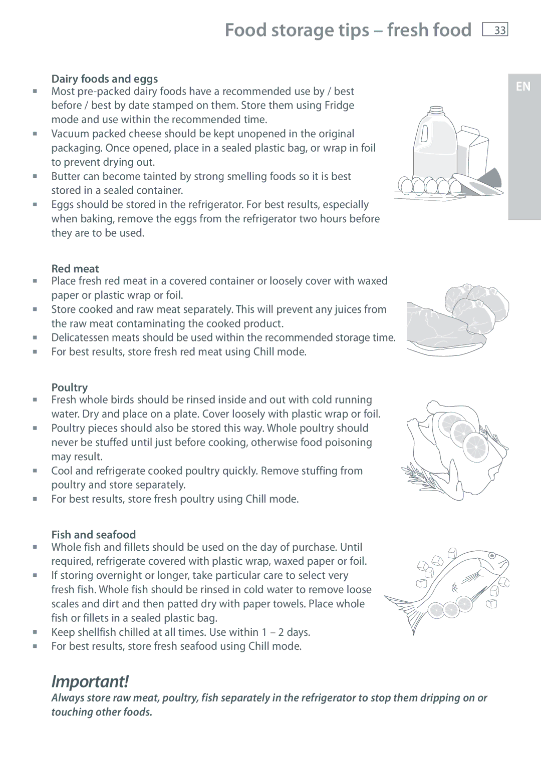 Fisher & Paykel RB365, RB905 manual Dairy foods and eggs, Red meat, Fish and seafood 