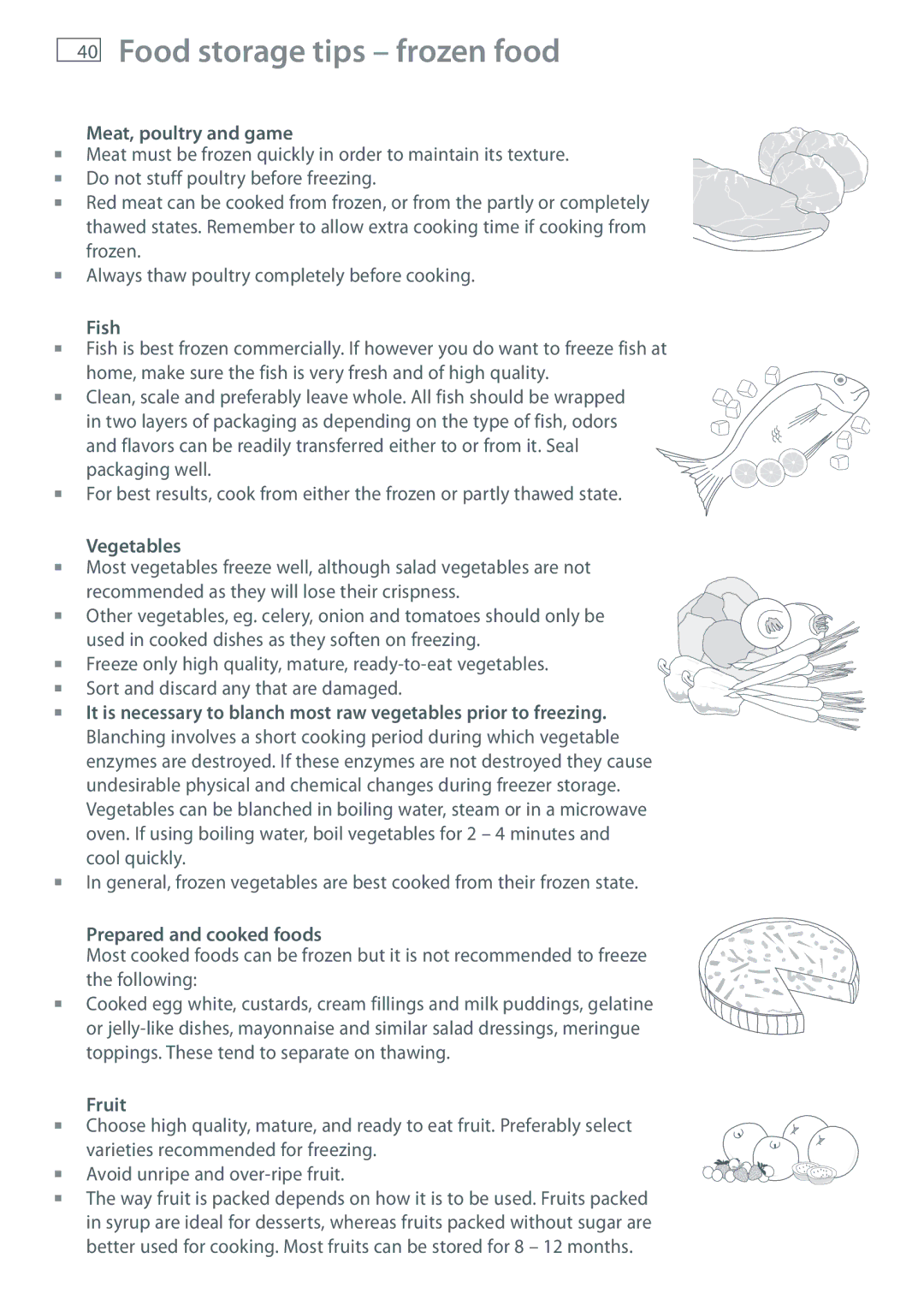 Fisher & Paykel RB905, RB365 manual Meat, poultry and game, Fish, Vegetables, Prepared and cooked foods, Fruit 