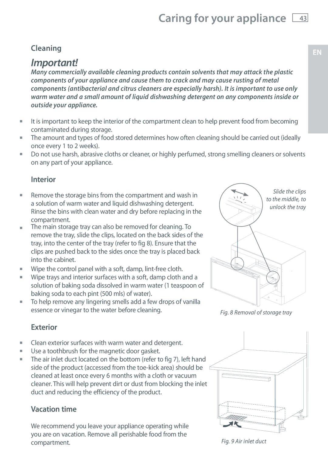 Fisher & Paykel RB365, RB905 manual Caring for your appliance, Interior, Exterior, Vacation time, Compartment 