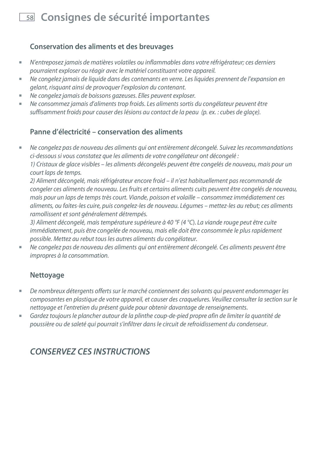 Fisher & Paykel RB905, RB365 manual Consignes de sécurité importantes, Conservation des aliments et des breuvages, Nettoyage 