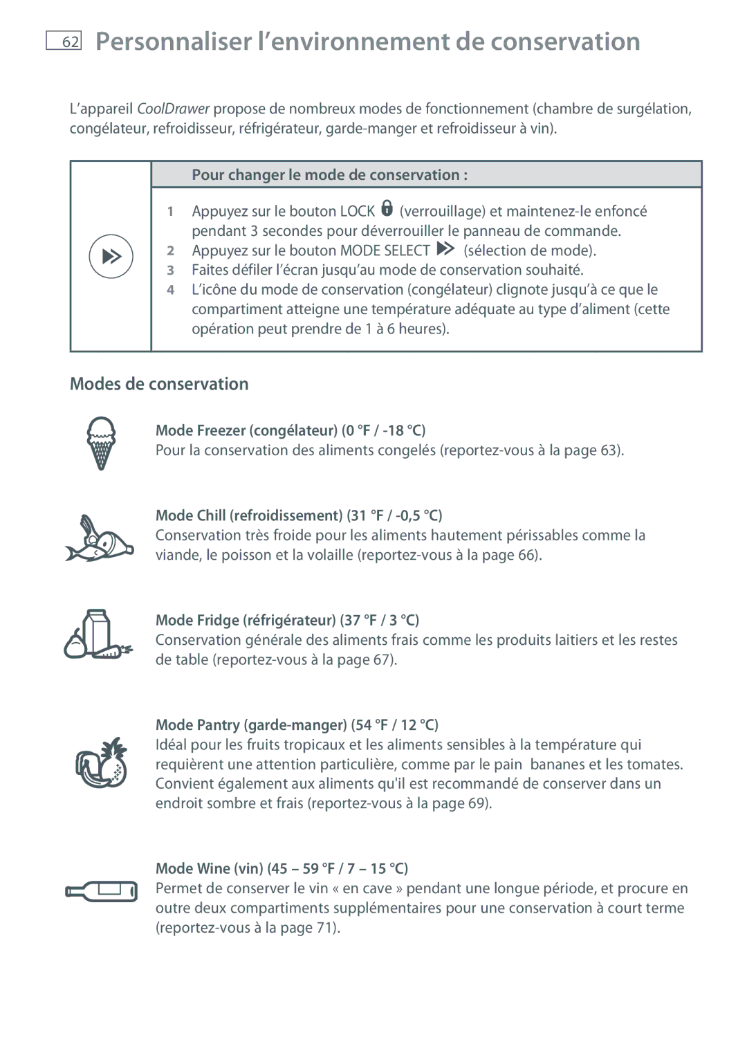 Fisher & Paykel RB905, RB365 manual Personnaliser l’environnement de conservation, Modes de conservation 