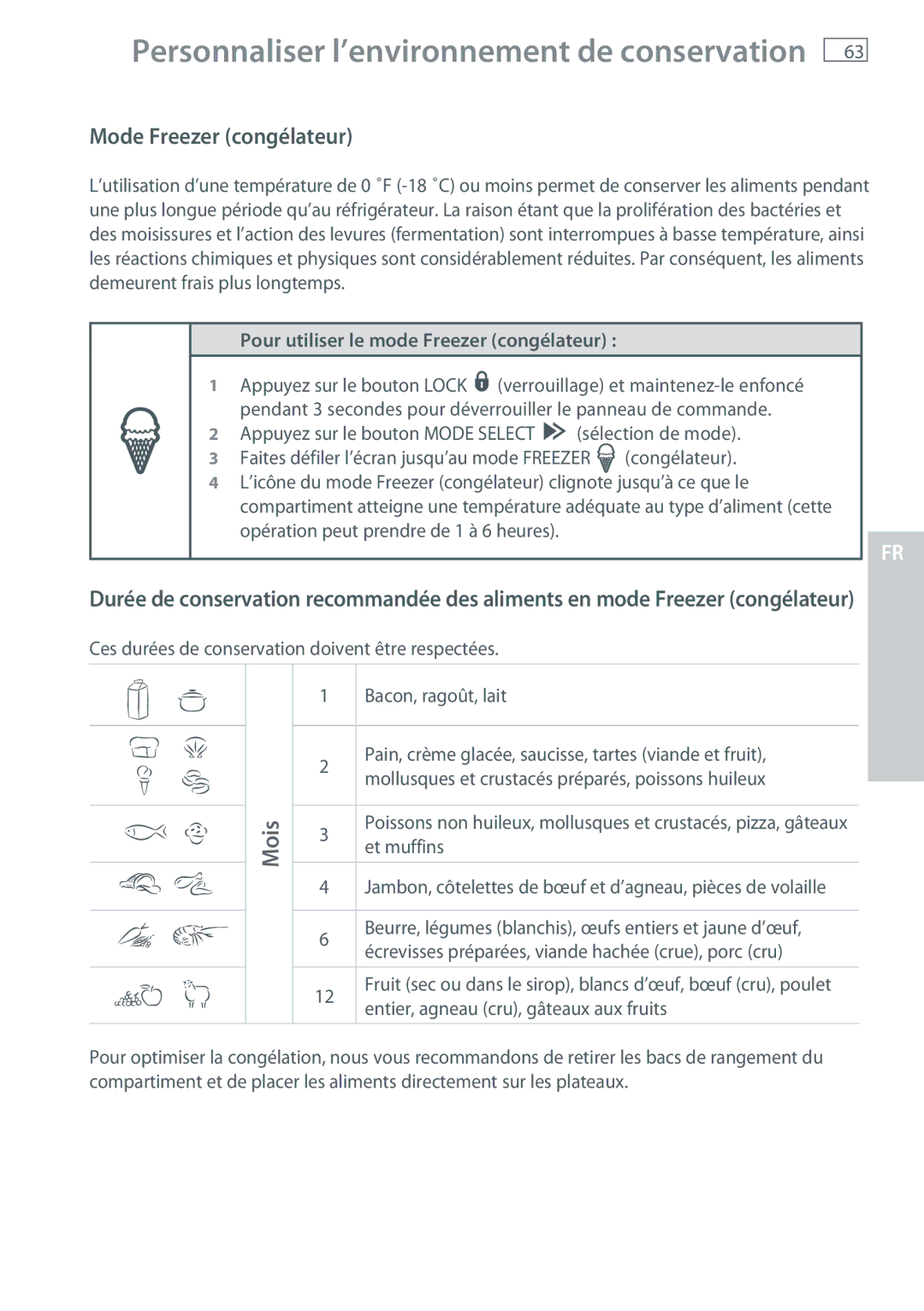 Fisher & Paykel RB365, RB905 manual Mode Freezer congélateur, Pour utiliser le mode Freezer congélateur , Et muffins 