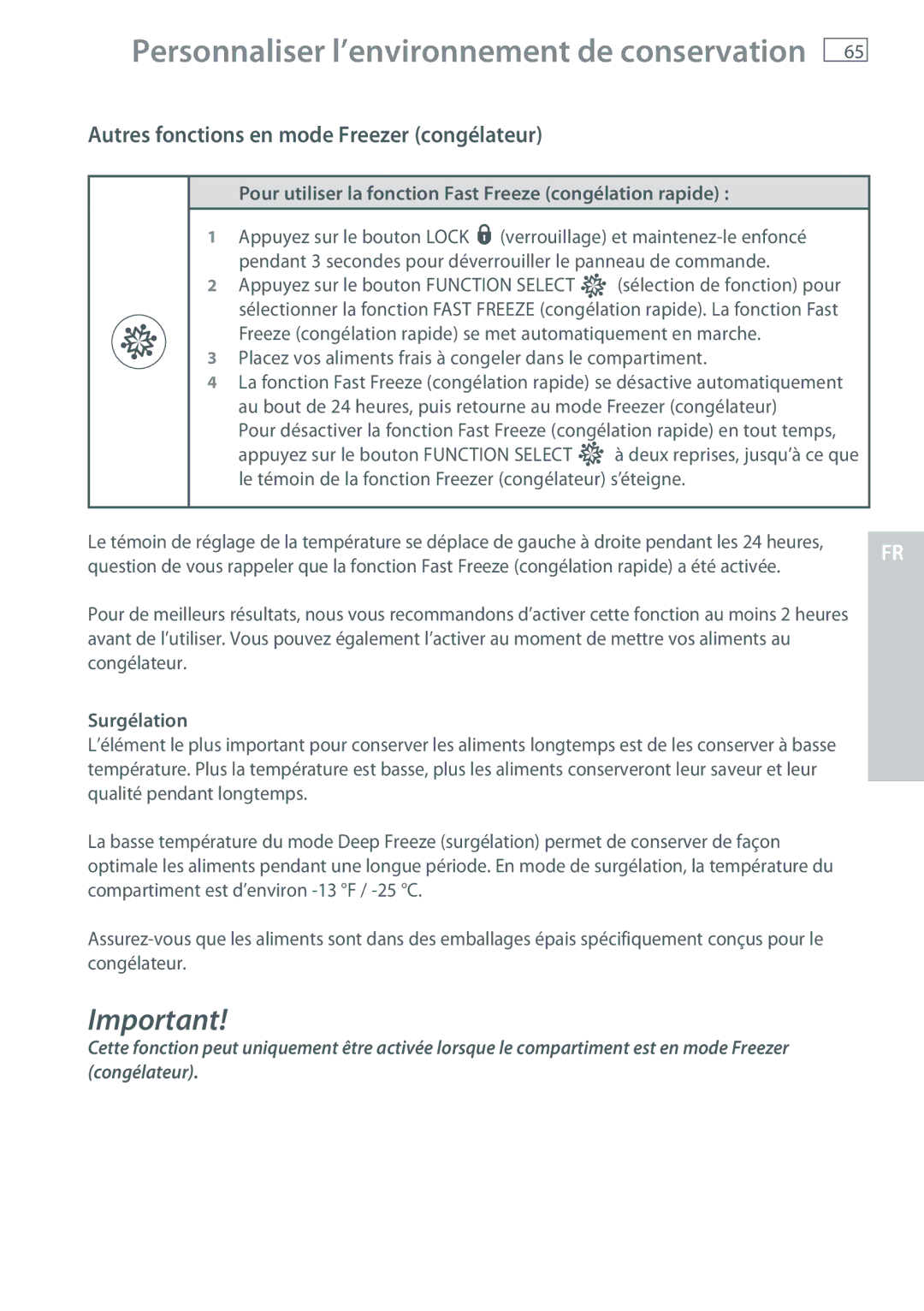 Fisher & Paykel RB365, RB905 manual Pour utiliser la fonction Fast Freeze congélation rapide , Surgélation 