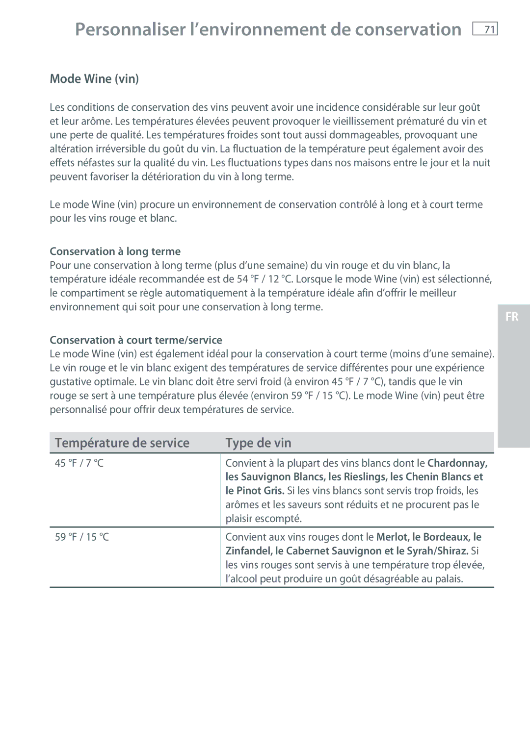 Fisher & Paykel RB365, RB905 Mode Wine vin, Conservation à long terme, Conservation à court terme/service, Type de vin 