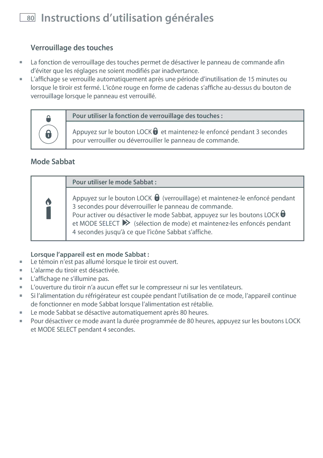 Fisher & Paykel RB905, RB365 Verrouillage des touches, Mode Sabbat, Pour utiliser la fonction de verrouillage des touches  