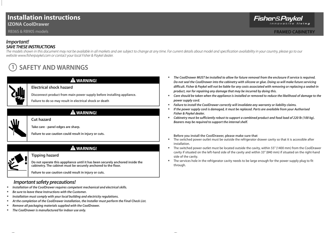 Fisher & Paykel RB365 manual User guide US CA EN, Guide de l’utilisateur US CA FR, IZONA CoolDrawer, CoolDrawer de IZONA 