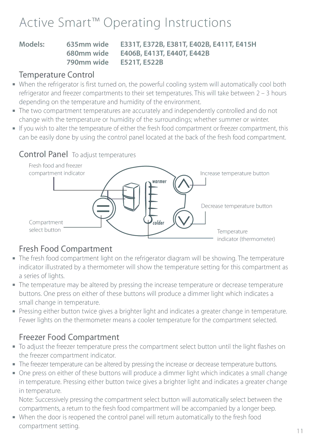 Fisher & Paykel Refrigerator & Freezer Active Smart Operating Instructions, Temperature Control, Fresh Food Compartment 