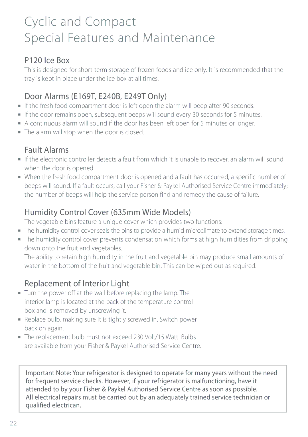 Fisher & Paykel Refrigerator & Freezer manual Cyclic and Compact Special Features and Maintenance, P120 Ice Box 