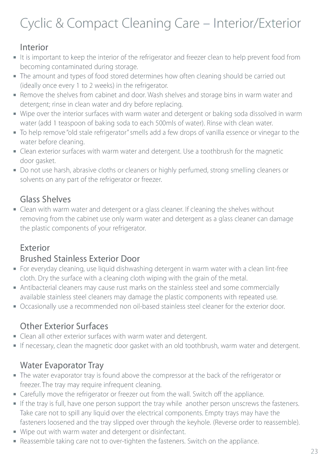 Fisher & Paykel Refrigerator & Freezer manual Cyclic & Compact Cleaning Care Interior/Exterior 