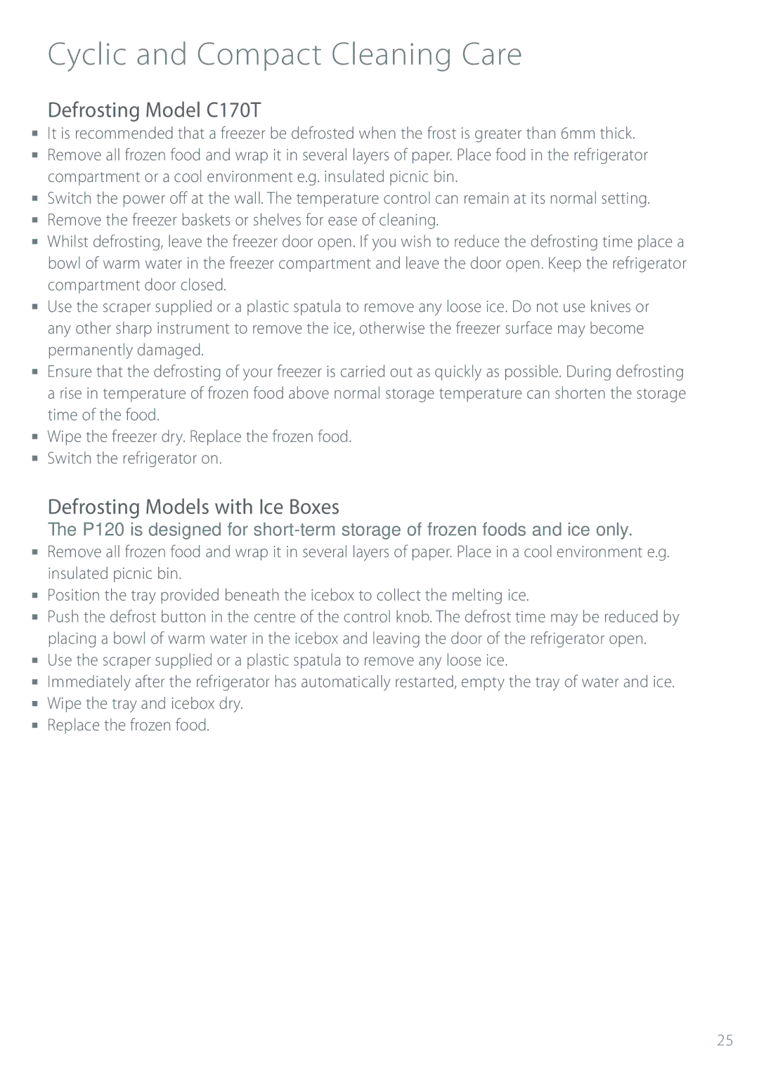 Fisher & Paykel Refrigerator & Freezer manual Cyclic and Compact Cleaning Care, Defrosting Model C170T 