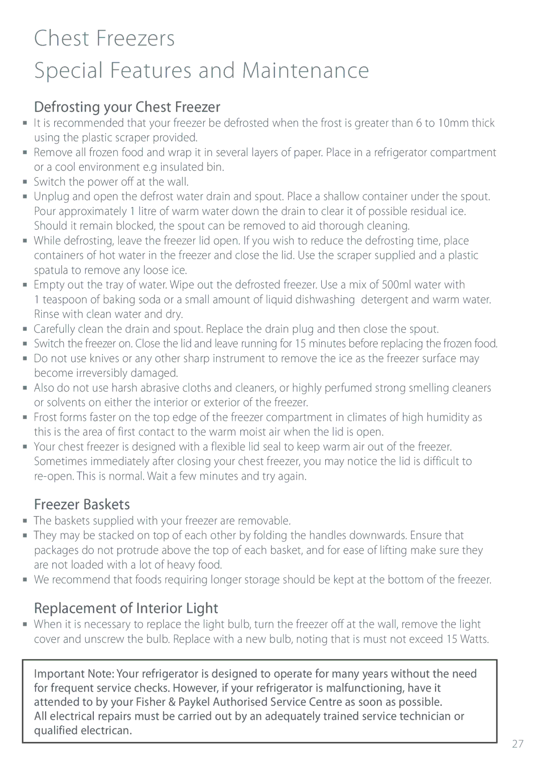 Fisher & Paykel Refrigerator & Freezer Chest Freezers Special Features and Maintenance, Defrosting your Chest Freezer 