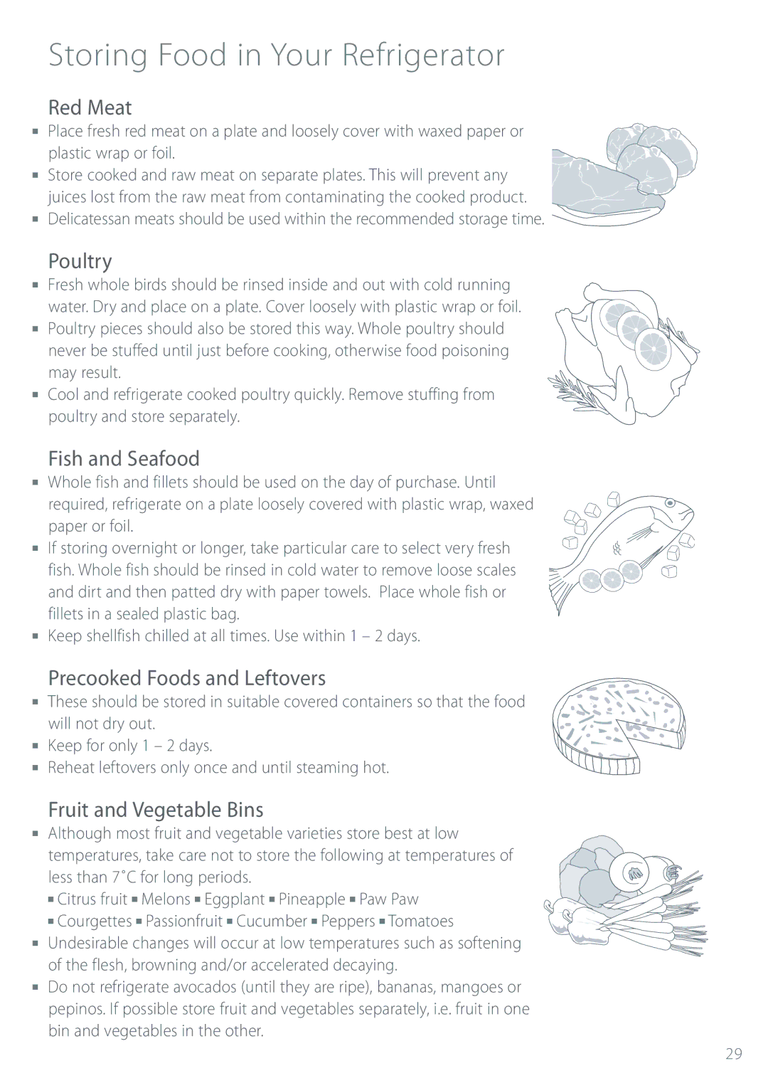 Fisher & Paykel Refrigerator & Freezer manual Red Meat, Poultry, Fish and Seafood, Precooked Foods and Leftovers 