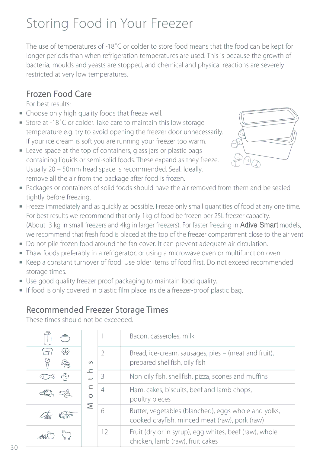 Fisher & Paykel Refrigerator & Freezer Storing Food in Your Freezer, Frozen Food Care, Recommended Freezer Storage Times 