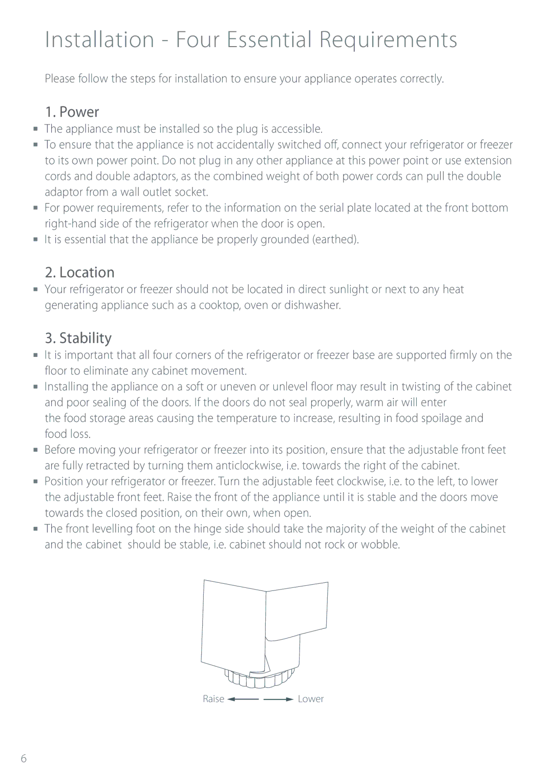 Fisher & Paykel Refrigerator & Freezer manual Installation Four Essential Requirements, Power, Location, Stability 