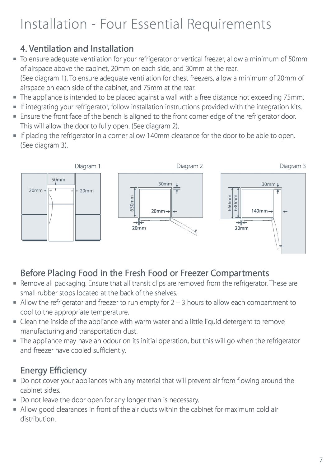 Fisher & Paykel Refrigerator & Freezer manual Ventilation and Installation, Energy Efficiency, Diagram 
