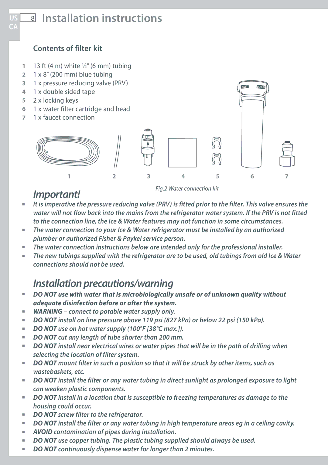 Fisher & Paykel RF170, RF135 installation instructions Installation precautions/warning, Contents of filter kit 